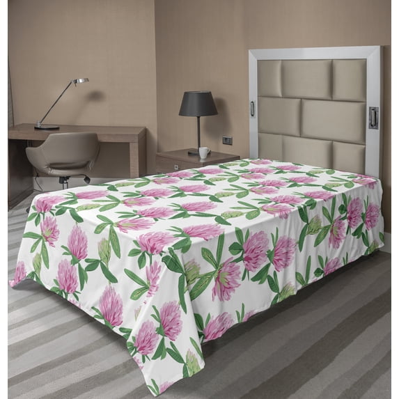 Floral Flat Sheet, Botanical Theme Clover Flower and Bud Motifs Natural Art Repetition, Soft Comfortable Top Sheet Decorative Bedding 1 Piece, 6 Sizes, Pink Jade Green and White, by Ambesonne