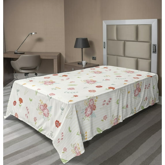 Floral Flat Sheet, Budding Flowers Simple Cartoon Style on Vertical Pastel Toned Stripes Backdrop, Soft Comfortable Top Sheet Decorative Bedding 1 Piece, 6 Sizes, Ivory Multicolor, by Ambesonne