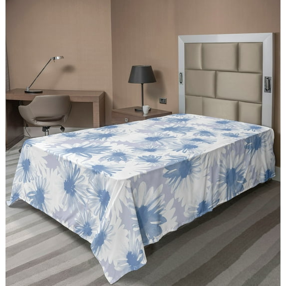 Ambesonne Floral Flat Bedding Sheet Soft Top Sheet, Chamomile Petal Pastel Bloom, Twin XL, Pale Ceil Blue and White