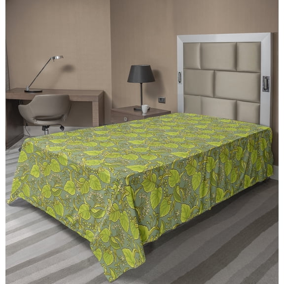 Ambesonne Floral Flat Sheet, Scene of Leaves and Flowers, Twin Size, Green Yellow Green