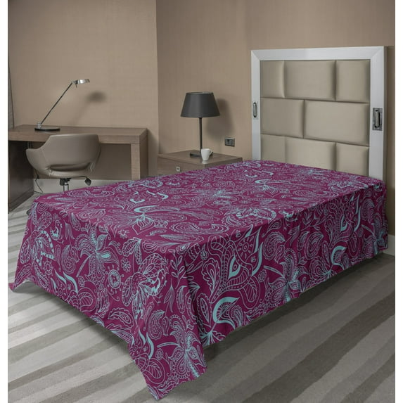 Ambesonne Floral Flat Sheet, Clutter of Botany Elements, Twin Size, Turquoise Dark Magenta
