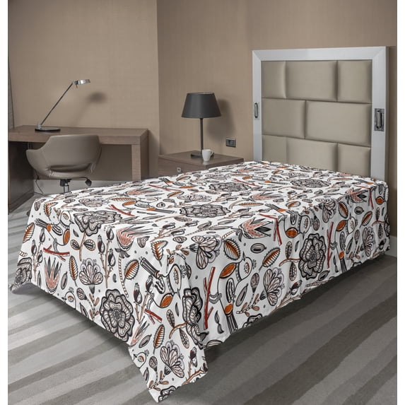 Floral Flat Sheet, Colorful Birds Leaves Tulips Motif Illustration on Plain Backdrop, Soft Comfortable Top Sheet Decorative Bedding 1 Piece, 6 Sizes, White Multicolor, by Ambesonne