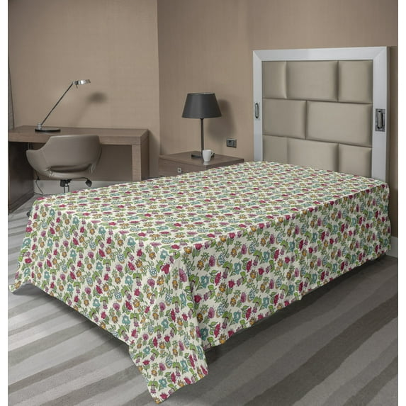 Floral Flat Sheet, Colorful Detailed Flower Kinds Flourishing Ornamental Blooming Motifs, Soft Comfortable Top Sheet Decorative Bedding 1 Piece, 6 Sizes, Eggshell and Multicolor, by Ambesonne