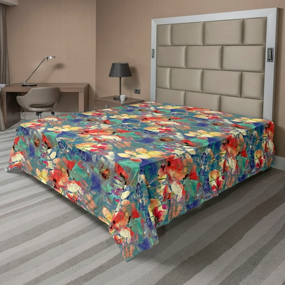 Ambesonne Floral Flat Bedding Sheet Soft Top Sheet, Jumble Wild Flowers Pattern, Queen, Violet Blue Teal and Orange