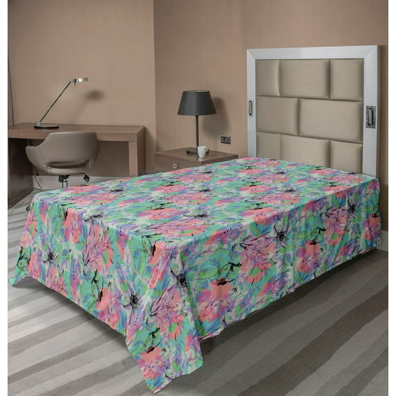 Ambesonne Floral Flat Bedding Sheet Soft Top Sheet, Psychedelic Jumble Flowers, Twin, Turquoise Blush and Eggshell