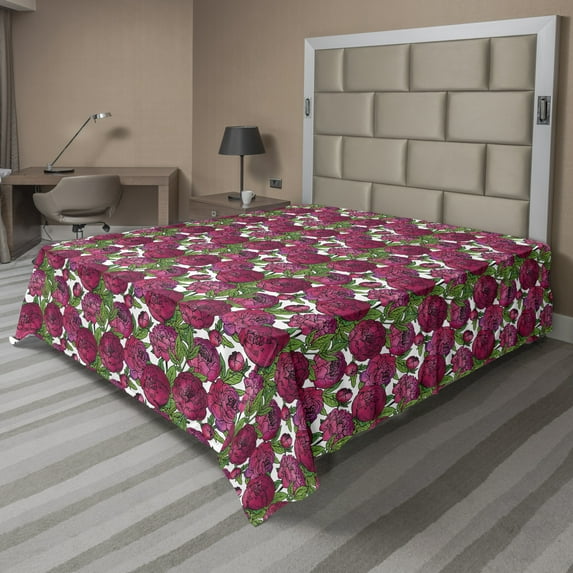 Ambesonne Floral Flat Sheet, Repeating Peony Flower Art, California King, Dried Rose Maroon and Green