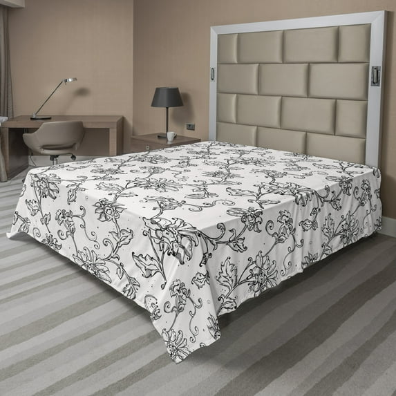 Floral Flat Sheet, Continuos Flower Ornaments Grunge Style Elements in Pastel Tones Illustration, Soft Comfortable Top Sheet Decorative Bedding 1 Piece, 6 Sizes, Pearl and Grey, by Ambesonne
