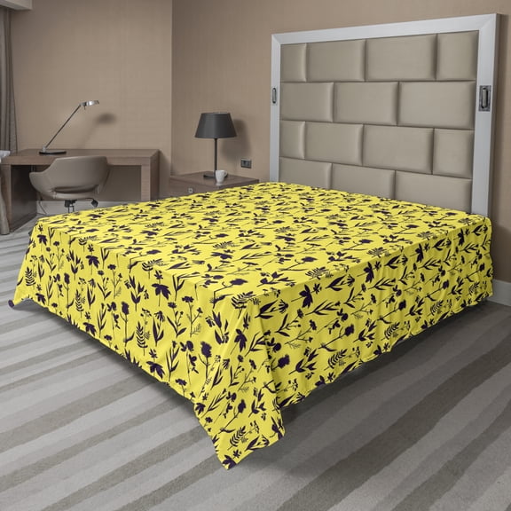 Floral Flat Sheet, Continuous Botanical Pattern of Silhouettes Bicolour Flowers Herbs, Soft Comfortable Top Sheet Decorative Bedding 1 Piece, 6 Sizes, Yellow Dark Purple, by Ambesonne
