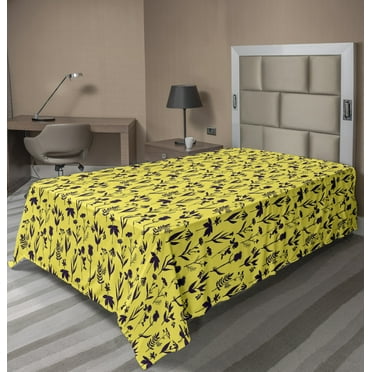 Floral Flat Sheet, Continuous Botanical Pattern of Silhouettes Bicolour Flowers Herbs, Soft Comfortable Top Sheet Decorative Bedding 1 Piece, 6 Sizes, Yellow Dark Purple, by Ambesonne