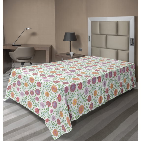Ambesonne Floral Flat Sheet, Doodle Flowers Leafy, TwinXL Size, Multicolor