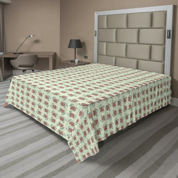 Floral Flat Sheet, Continuous Flower Curved Art Motifs on Pastel Background, Soft Comfortable Top Sheet Decorative Bedding 1 Piece, 6 Sizes, Pastel Green Multicolor, by Ambesonne