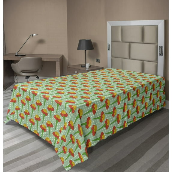Floral Flat Sheet, Continuous Tagetes Flower Polka Dots Background, Soft Comfortable Top Sheet Decorative Bedding 1 Piece, 6 Sizes, Vermilion Fern Green, by Ambesonne