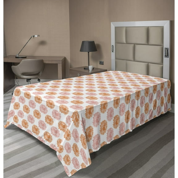 Ambesonne Floral Flat Sheet, Bicolour Chrysanthemum Flora, Twin Size, Apricot Blush and White