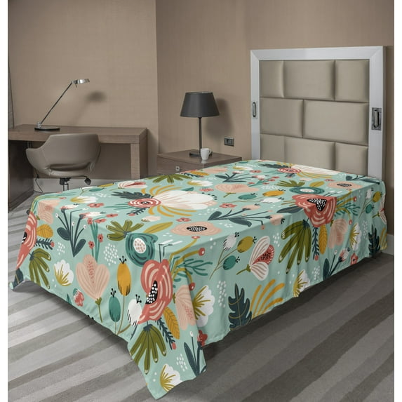Ambesonne Floral Flat Sheet, Colorful Doodle Bouquets, Twin Size, Pale Seafoam Multicolor
