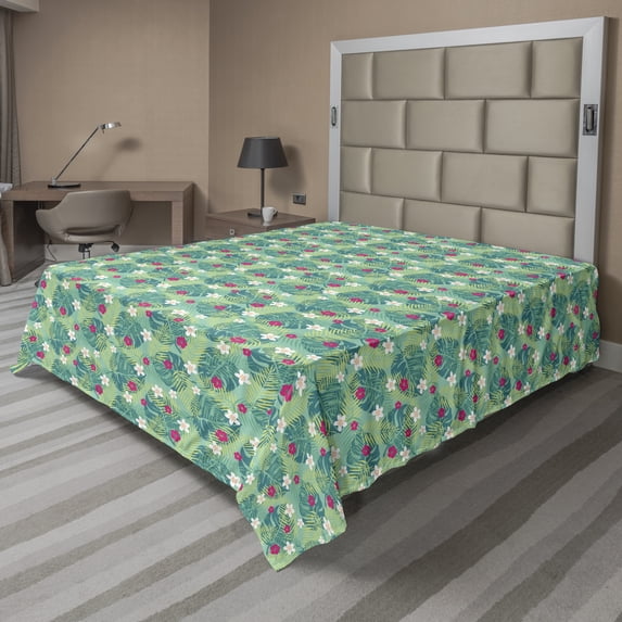 Ambesonne Floral Flat Sheet, Exotic Arrangement Flowers, King Size, Green and Hot Pink