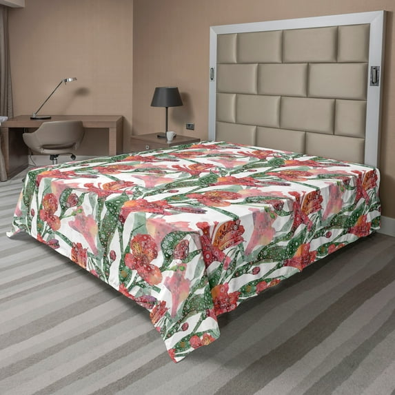 Ambesonne Floral Flat Bedding Sheet Soft Top Sheet, Exotic Lily of the Incas Art, Full, Fern Green Coral Orange