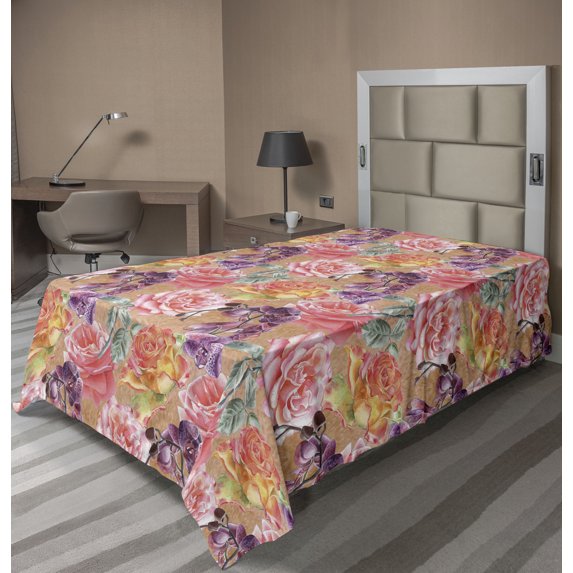 Ambesonne Floral Flat Bedding Sheet Soft Top Sheet, Exotic Roses and Orchid Art, Twin XL, Dark Peach Coral and Plum