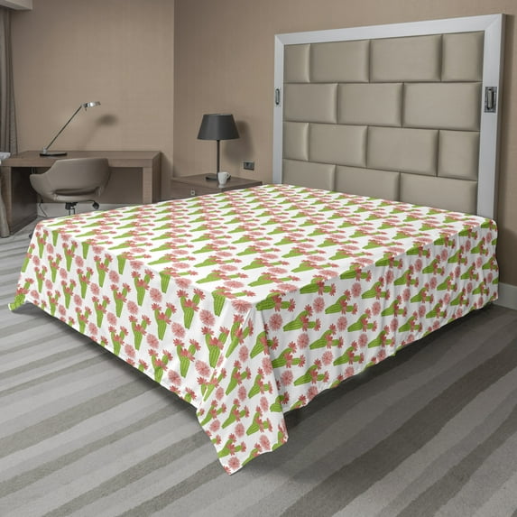 Floral Flat Sheet, Exotic Tropical Pattern Sketch of Repeated Blooming Cacti and Flowers, Soft Comfortable Top Sheet Decorative Bedding 1 Piece, 6 Sizes, White Lime Green Coral, by Ambesonne