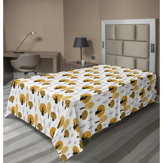 Floral Flat Sheet, Fall Season Pattern Illustration of Trees in Autumn Tones Woodland, Soft Comfortable Top Sheet Decorative Bedding 1 Piece, 6 Sizes, Charcoal Grey and Orange, by Ambesonne