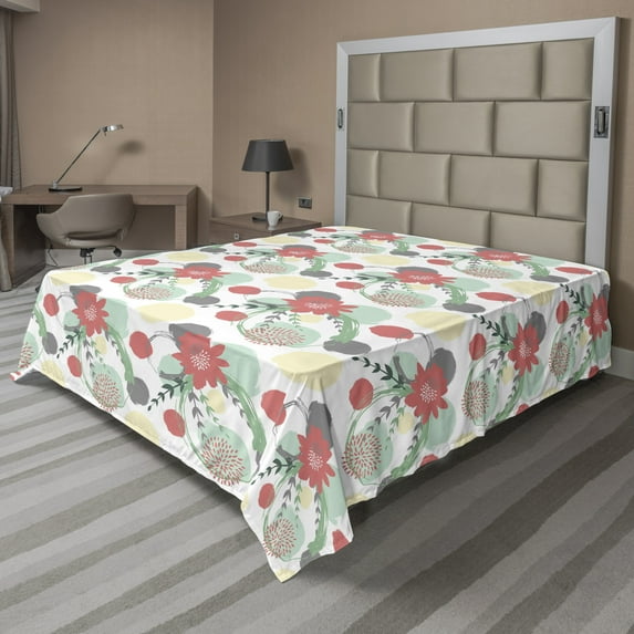 Floral Flat Sheet, Fantasy Like Hand Drawings Flowers and Round Blooming in a Spring Theme, Soft Comfortable Top Sheet Decorative Bedding 1 Piece, 6 Sizes, Multicolor, by Ambesonne