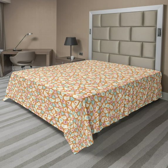Floral Flat Sheet, Feminine and Retro Theme Scattered Round Motifs with Flowers, Soft Comfortable Top Sheet Decorative Bedding 1 Piece, 6 Sizes, Apricot Rose, by Ambesonne