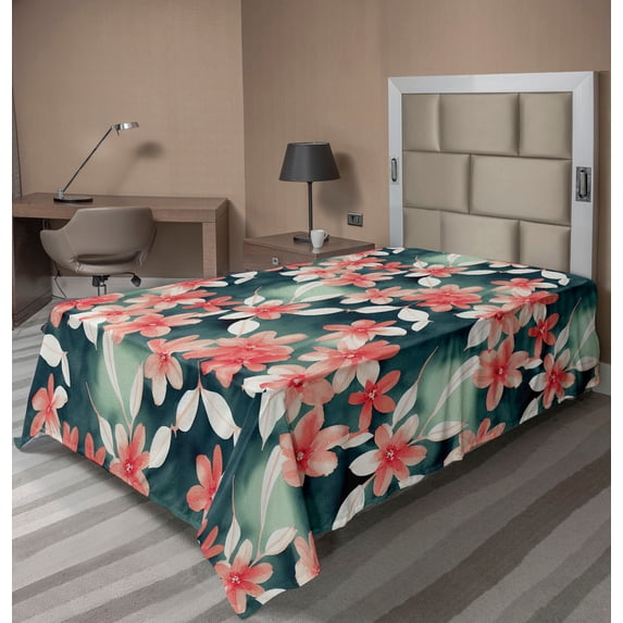 Ambesonne Floral Flat Bedding Sheet Soft Top Sheet, Flower Illustration Leaves, Twin XL, Dark Coral Dark Teal