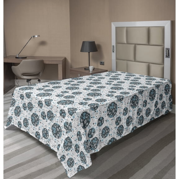 Floral Flat Sheet, Flower Petals and Blossoms Leaves on Circles Polka Dots Retro Motif, Soft Comfortable Top Sheet Decorative Bedding 1 Piece, 6 Sizes, Grey Teal Blue Pale Taupe, by Ambesonne