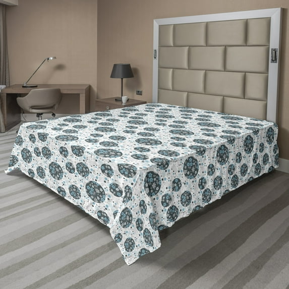 Floral Flat Sheet, Flower Petals and Blossoms Leaves on Circles Polka Dots Retro Motif, Soft Comfortable Top Sheet Decorative Bedding 1 Piece, 6 Sizes, Grey Teal Blue Pale Taupe, by Ambesonne