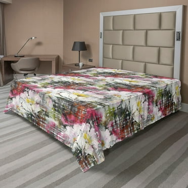 Floral Flat Sheet, Flowers of Spring Garden Colorful Watercolor Print on Checkered Plaid Design, Soft & Comfy Top Sheet Decorative Bedding 1 Piece, California King, Grey Multicolor, by Ambesonne