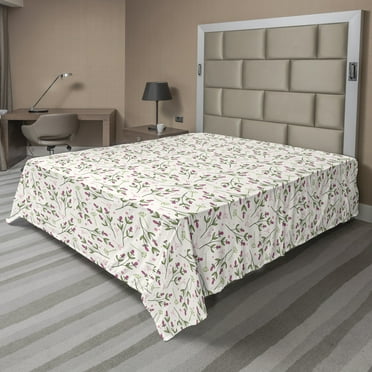 Floral Flat Sheet, Forest Botanical Pattern with Flourishing Wild Flowers Petals, Soft Comfortable Top Sheet Decorative Bedding 1 Piece, 6 Sizes, Pale Olive Green Pink, by Ambesonne