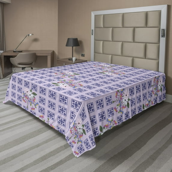 Floral Flat Sheet, Geometric Elements with Squares Flowers Bouquet Illustration Pattern, Soft Comfortable Top Sheet Decorative Bedding 1 Piece, 6 Sizes, Pale Mauve Multicolor, by Ambesonne