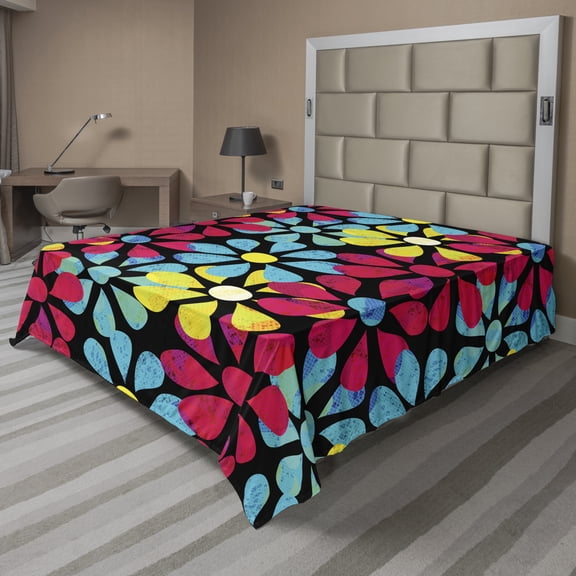 Floral Flat Sheet, Graphical Colorful Illustration of Flowers Design Grunge Funky Art, Soft Comfortable Top Sheet Decorative Bedding 1 Piece, 6 Sizes, Charcoal Grey and Multicolor, by Ambesonne