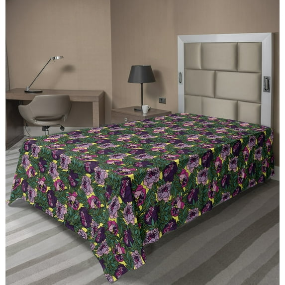Floral Flat Sheet, Graphical Scene of Vibrant Close Shot Peonies Arrangement Botanical Artwork, Soft Comfortable Top Sheet Decorative Bedding 1 Piece, 6 Sizes, Teal and Multicolor, by Ambesonne