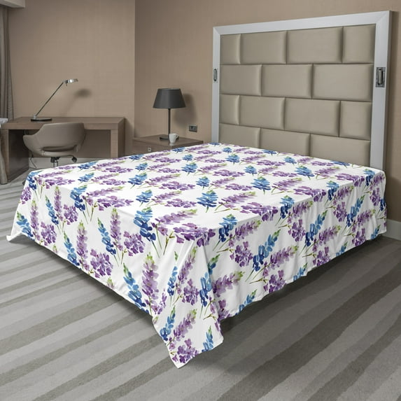 Ambesonne Floral Flat Sheet, Violet Tone Flowers Pattern, Queen Size, Dark Blue Fuchsia