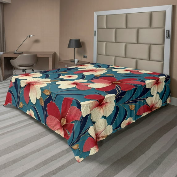 Ambesonne Floral Flat Bedding Sheet Soft Top Sheet, Hibiscus Tropical Leaves Art, Queen, Cadet Blue Cream and Ruby