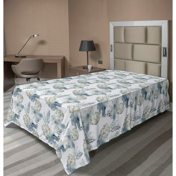 Floral Flat Sheet, Hydrangea Flower of Spring Watercolor Style Watercolor Illustration, Soft Comfortable Top Sheet Decorative Bedding 1 Piece, TwinXL Size, Pale Slate Blue Eggshell, by Ambesonne