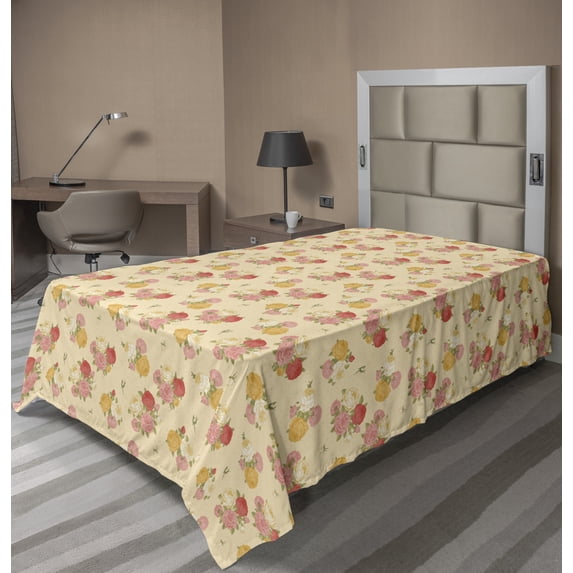 Floral Flat Sheet, Illustration of Rose Flowers on Polka Dotted Pastel Backdrop, Soft Comfortable Top Sheet Decorative Bedding 1 Piece, 6 Sizes, Champagne Salmon, by Ambesonne