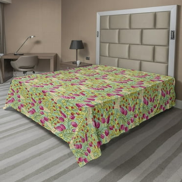 Floral Flat Sheet, Illustration of Spring Blooming Flowers and Leaves on a Natural Backdrop, Soft Comfortable Top Sheet Decorative Bedding 1 Piece, 6 Sizes, Seafoam Pink and Green, by Ambesonne