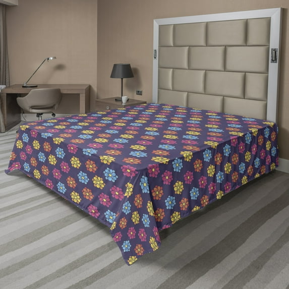 Floral Flat Sheet, Illustration of Symmetrical Colorful Cartoon Flowers Arrangement Pattern, Soft Comfortable Top Sheet Decorative Bedding 1 Piece, 6 Sizes, Dark Indigo Multicolor, by Ambesonne