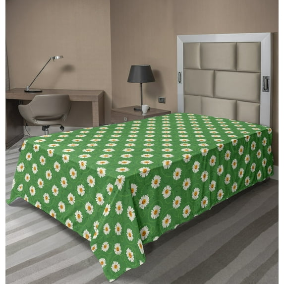 Ambesonne Floral Flat Sheet, Chamomiles and Circles Art, Twin Size, Forest Green Ivory and Marigold