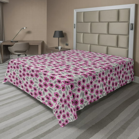 Ambesonne Floral Flat Sheet, Poppies Greyscale Leaves, Full Size, Pale Taupe and Pale Fuchsia