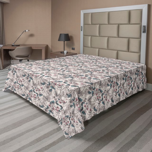 Floral Flat Sheet, Intertwined Flowers Foliage Vintage Style Blossoms