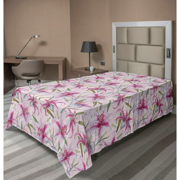 Ambesonne Floral Flat Bedding Sheet Soft Top Sheet, Lily Flowers Vintage Grunge, Twin XL, Pink Green and Rose