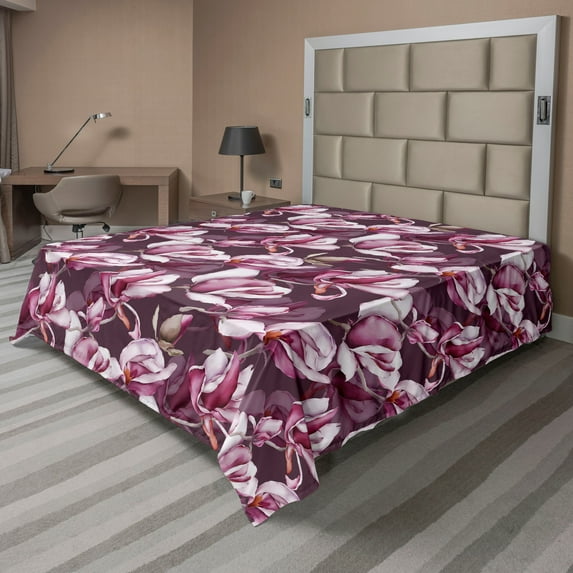Ambesonne Floral Flat Bedding Sheet Soft Top Sheet, Magnolia Flowers Watercolor, California King, Plum Dark Magenta and Umber