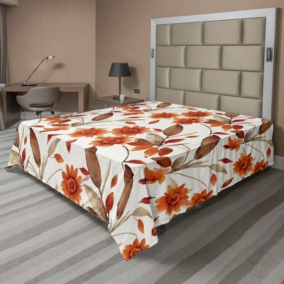 Ambesonne Floral Flat Bedding Sheet Soft Top Sheet, Art Autumnal Romance Flowers, California King, Burnt Orange Umber and White