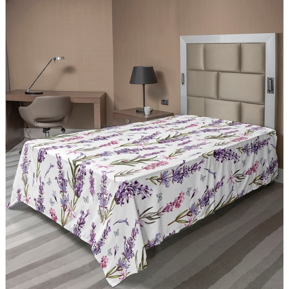 Ambesonne Floral Flat Bedding Sheet Soft Top Sheet, Minimalist Spring Romance, Twin, Violet Pink and Green