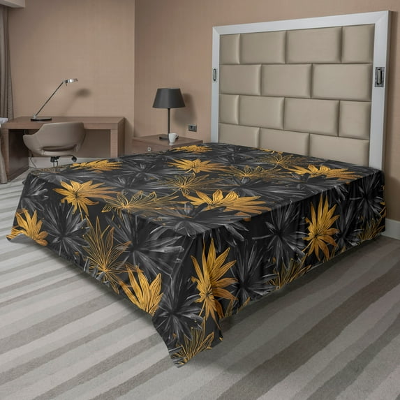 Ambesonne Floral Flat Bedding Sheet Soft Top Sheet, Minimalist Tropical Leaves, Queen, Marigold and Dark Grey