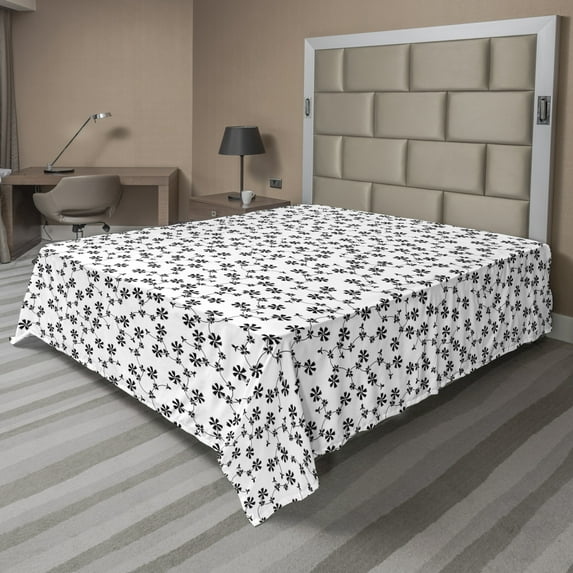 Floral Flat Sheet, Monochrome Flowers Ivy Style Hedera Botany Pattern on Plain Backdrop, Soft Comfortable Top Sheet Decorative Bedding 1 Piece, 6 Sizes, White and Charcoal Grey, by Ambesonne