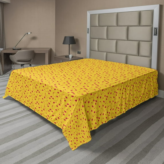 Floral Flat Sheet, Monochrome Strawberries and Flowers in Cheerful Summer Tones Pattern, Soft Comfortable Top Sheet Decorative Bedding 1 Piece, 6 Sizes, Dark Pink Earth Yellow, by Ambesonne