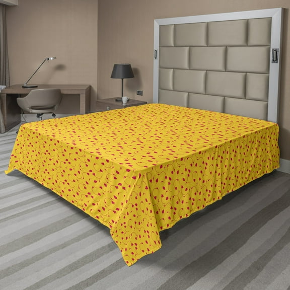 Floral Flat Sheet, Monochrome Strawberries and Flowers in Cheerful Summer Tones Pattern, Soft Comfortable Top Sheet Decorative Bedding 1 Piece, 6 Sizes, Dark Pink Earth Yellow, by Ambesonne